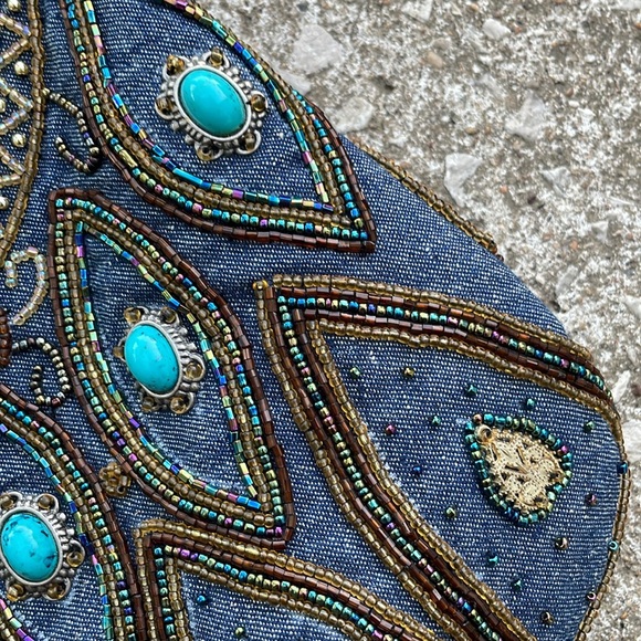 Western Turquoise Beaded Denim Victorian Style Chain Strap Handbag - Picture 6 of 8